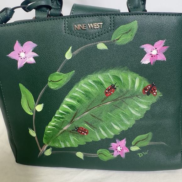 Nine West Green Tote Bag Hand Painted Ladybug Floral Leaf Purse Shoulder Satchel - Picture 5 of 16